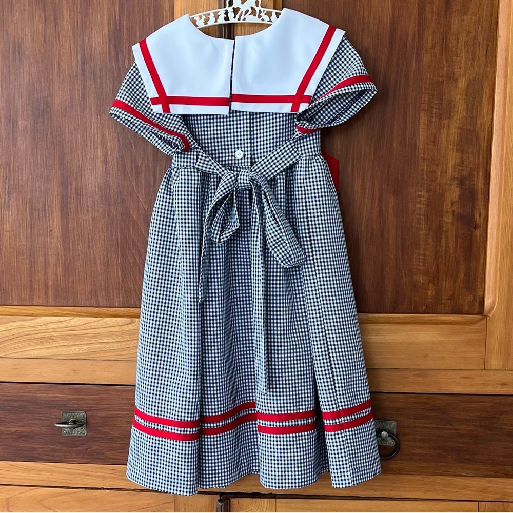 Vintage Girls Navy Gingham Sailor Dress with Red Bow and Trim Size 5 - Picture 2 of 6